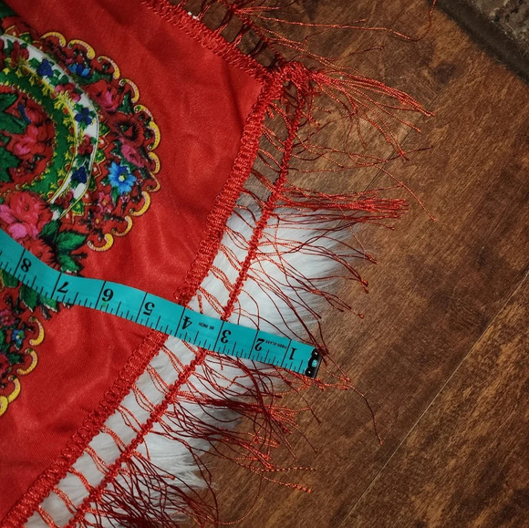 Red floral fringed scarf/ wrap - Picture 7 of 10